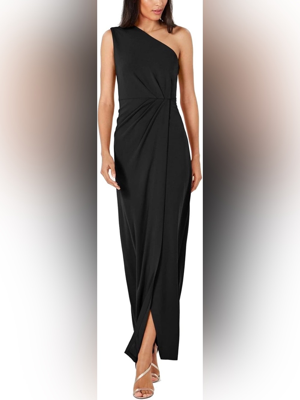 Calvin Klein one shoulder gown with waist ruch
